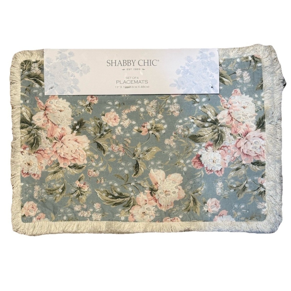 SHABBY CHIC PLACEMATS FLOWERS BLUE GREEN PINK WHITE 13 X 19 100% COTTON NWT
